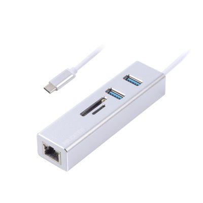 Адаптер, з USB на Gigabit Ethernet, 2 Ports USB 3.0 + microSD/TF картридер, 1000 Mbps, метал, сірий (1 з 3)