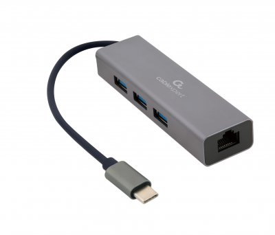 Адаптер, з USB-С на Gigabit Ethernet, 3 Ports USB 3.1 Gen1 (5 Gbps), 1000 Mbps, метал, сірий (1 з 3)