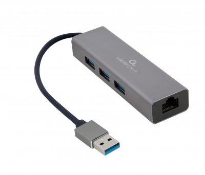 Адаптер, з USB-A на Gigabit Ethernet, 3 порти USB 3.1 Gen1 (5 Gbps), 1000 Mbps, метал, сірий (1 з 3)