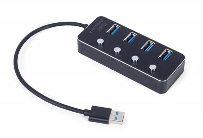 Хаб на 4 порти USB 3.0, з вимикачами, пластик\метал, чорний (1 з 5)